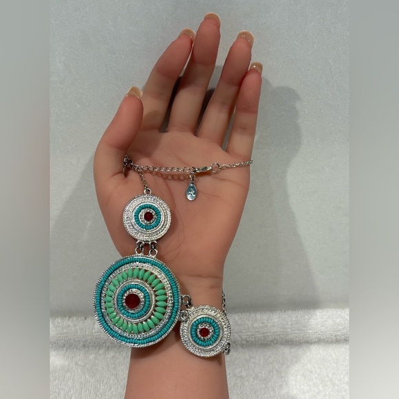 Statement Beaded Mandala Necklace with Turquoise & Red Accents - Picture 6 of 7